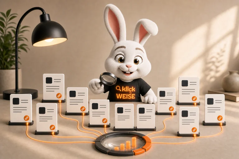 Klickweise-Maskottchen visualisiert KI-Zitationsrate in einer eigenständigen Mess- und Analyseszene.